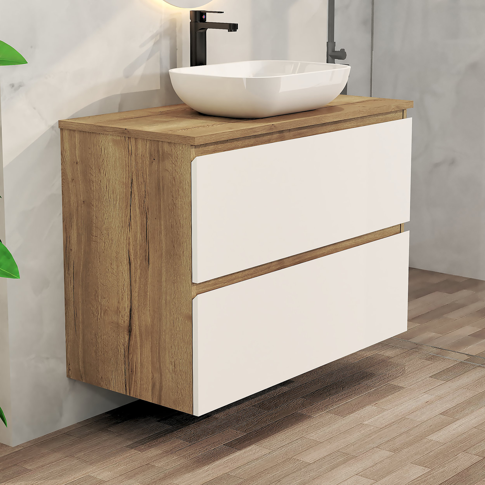 CONJUNTO DE BAÑO NIA | MUEBLE SUSPENDIDO | 90 CM BLANCO | DOS CAJONES | LAVABO SOBREPUESTO | NO INCLUYE ESPEJO | MUEBLE MONTADO| ALDAY