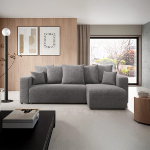 GLORIA - Canapé d'angle droit convertible 4 places en tissu gris foncé