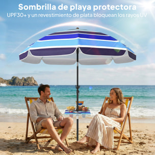 Sombrilla de Playa con Mesa Plegable y Portavasos Ø198 cm, Sombrilla de Terraza Exterior con Altura Ajustable, Inclinación, Bolsa de Transporte y Gancho, UV30+, Multicolor