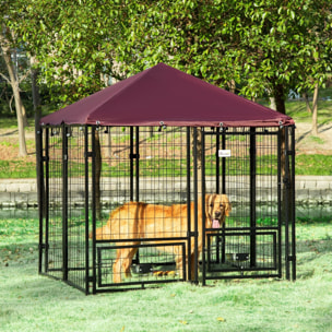 Perrera de 8 Paneles Parque para Perros Metálica de Exterior con 2 Soportes Giratorios para Comida 2 Cuencos y Toldo de Impermeable y Anti-UV 141x141x153 cm Negro y Rojo