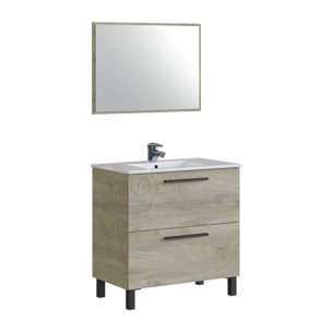 Mobile sottolavabo Yonkers, Mobiletto per bagno a 2 cassetti, Armadietto sospeso con specchio, lavabo non incluso, cm 80x45h80, Rovere