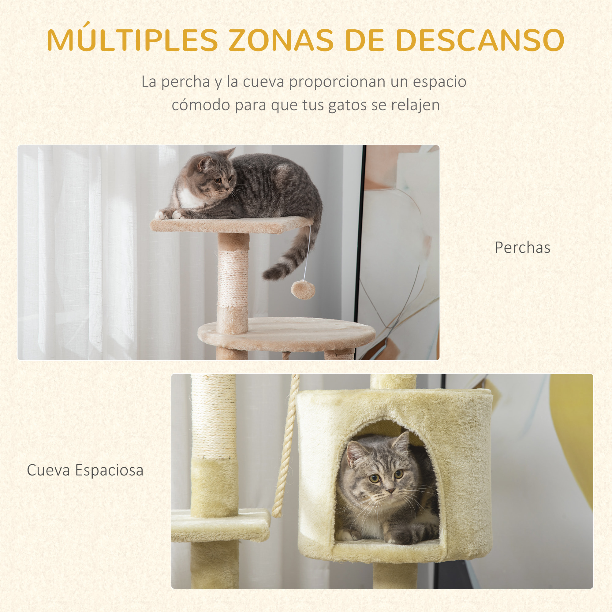 Árbol Rascador para Gatos de Melamina 75x40x112cm Beige