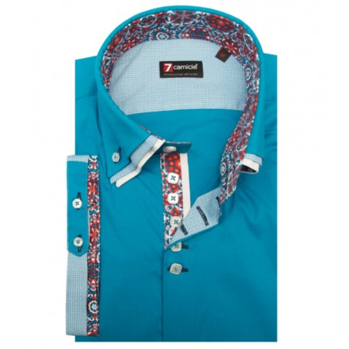 Camicia Uomo 2 Bottoni Button Down Triplo Collo Slim Popeline Stretch Unito Turchese