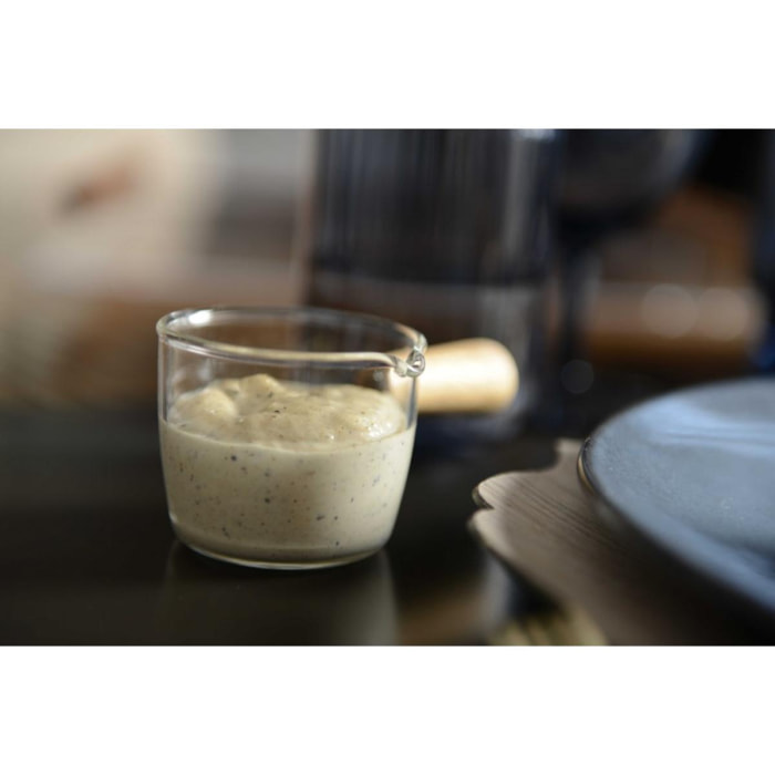 Mini casserolette en verre avec manche en bois 9x5.5x4cm