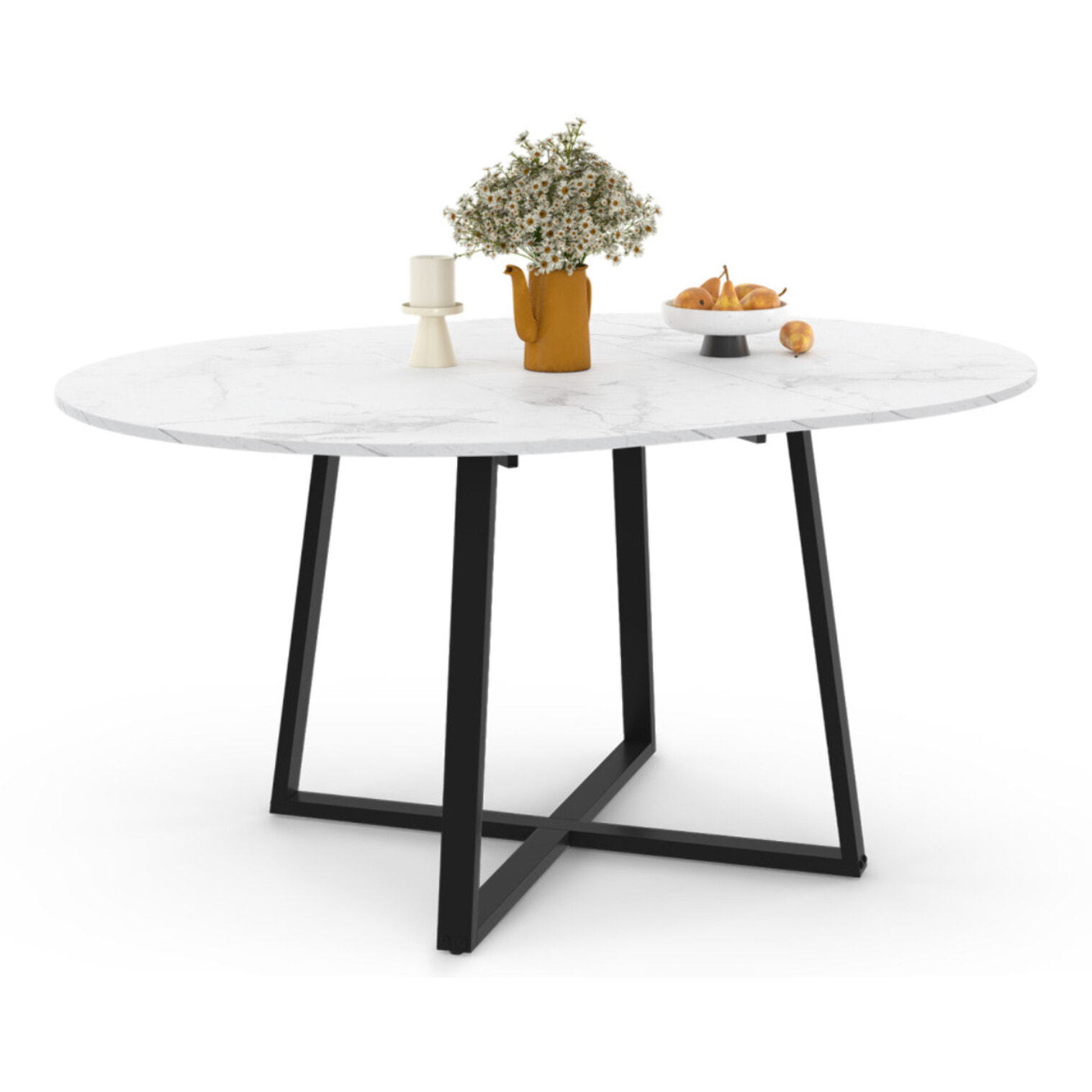 Table repas Sana plateau extensible 110-150cm rond effet marbre et pieds noirs