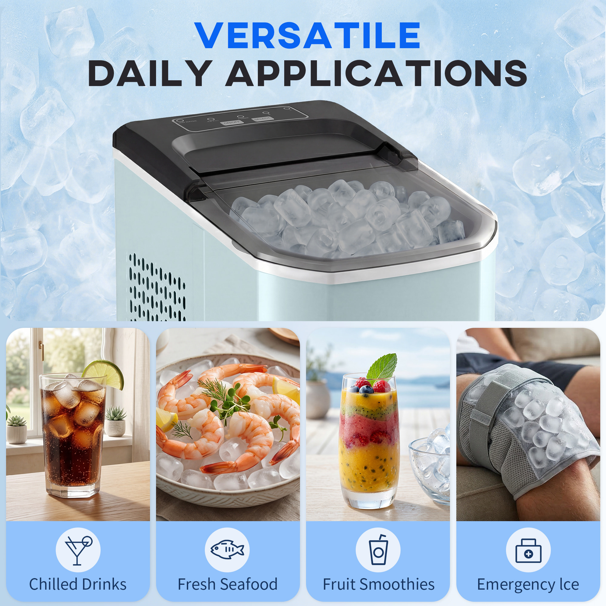 Máquina de Hielo, Máquina de Cubitos de Hielo Autolimpiable, 12 kg/24H, 9 Cubitos Listos en 7 Minutos, 2 Tamaños de Hielo, 1,5L Depósito, para Hogar, Cocina, Oficina, Bar, Azul
