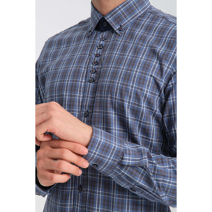 Camicia Uomo 1 Bottoni Button Down Slim Oxford Quadro Medio Blu/Blu Avion