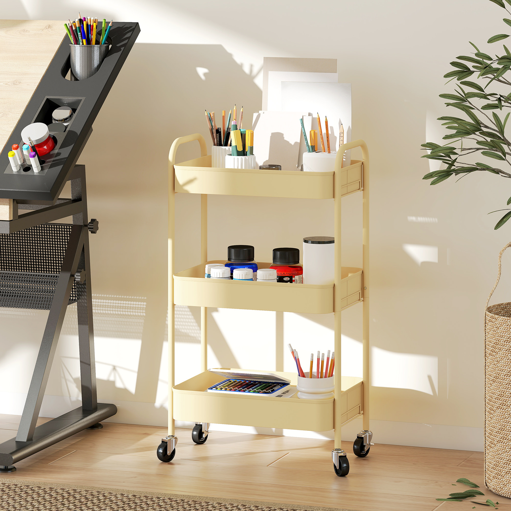 Carrito Auxiliar con Ruedas de 3 Niveles, Carrito de Cocina con 3 Cestas y 2 Asas, para Baño, Dormitorio, Oficina, 45x30,6x79 cm, Amarillo