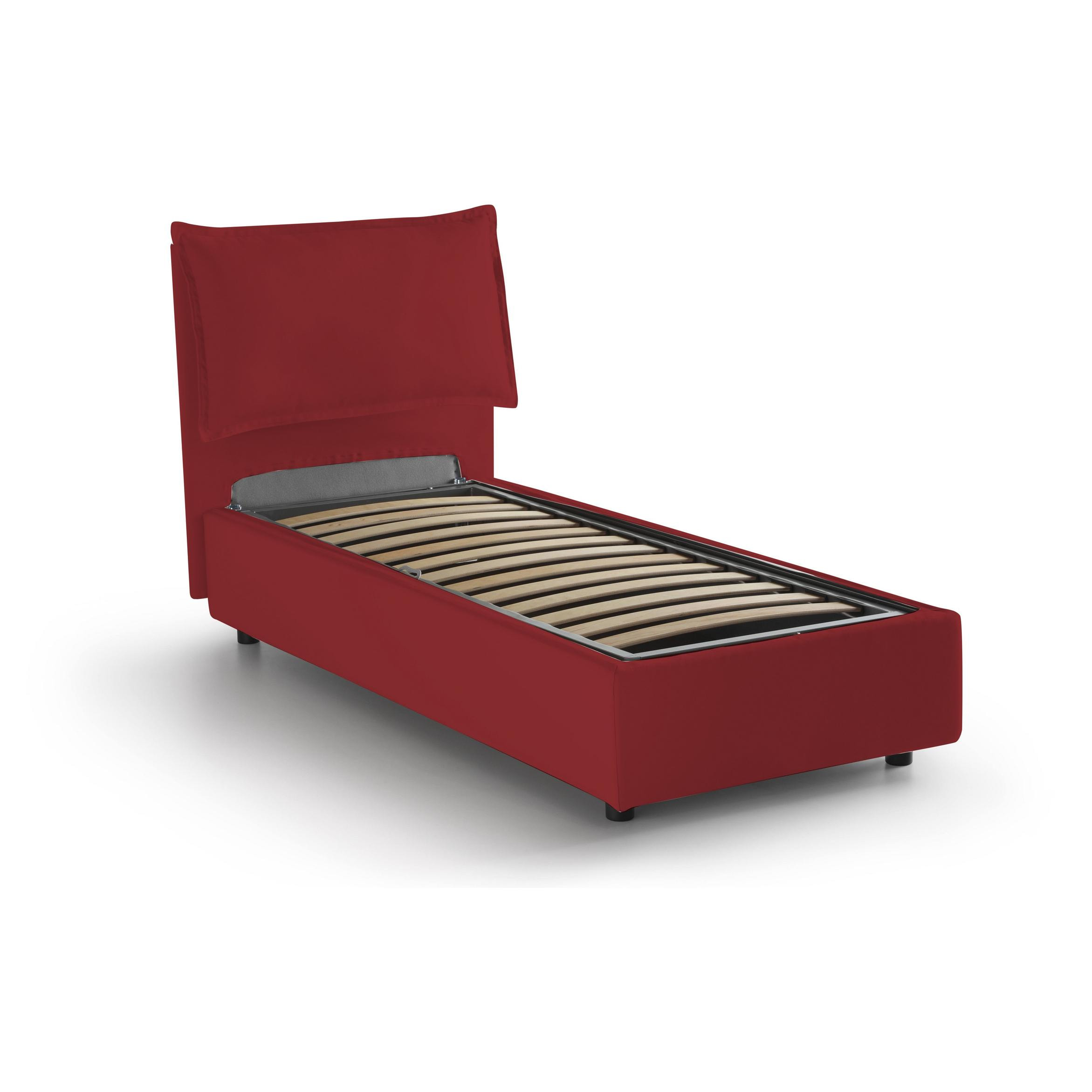 Letto singolo Roberta, Letto contenitore con rivestimento in tessuto, 100% Made in Italy, Apertura laterale, con materasso Cm 80x190 incluso, Rosso