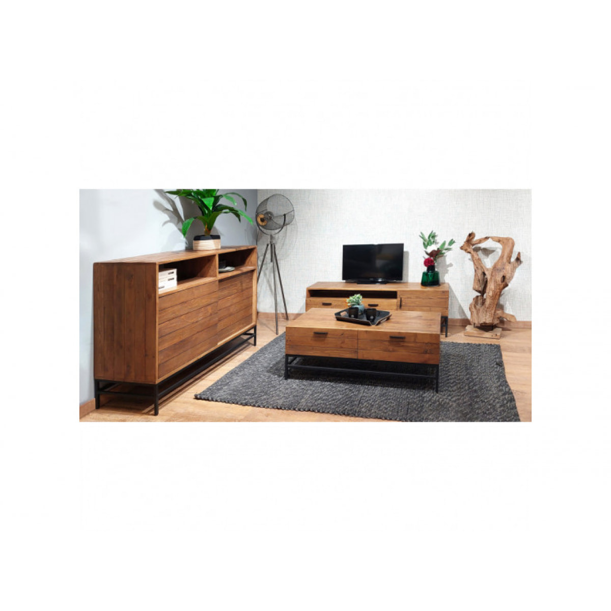 Meuble TV en bois de pin et métal noir L160 cm - INDUS