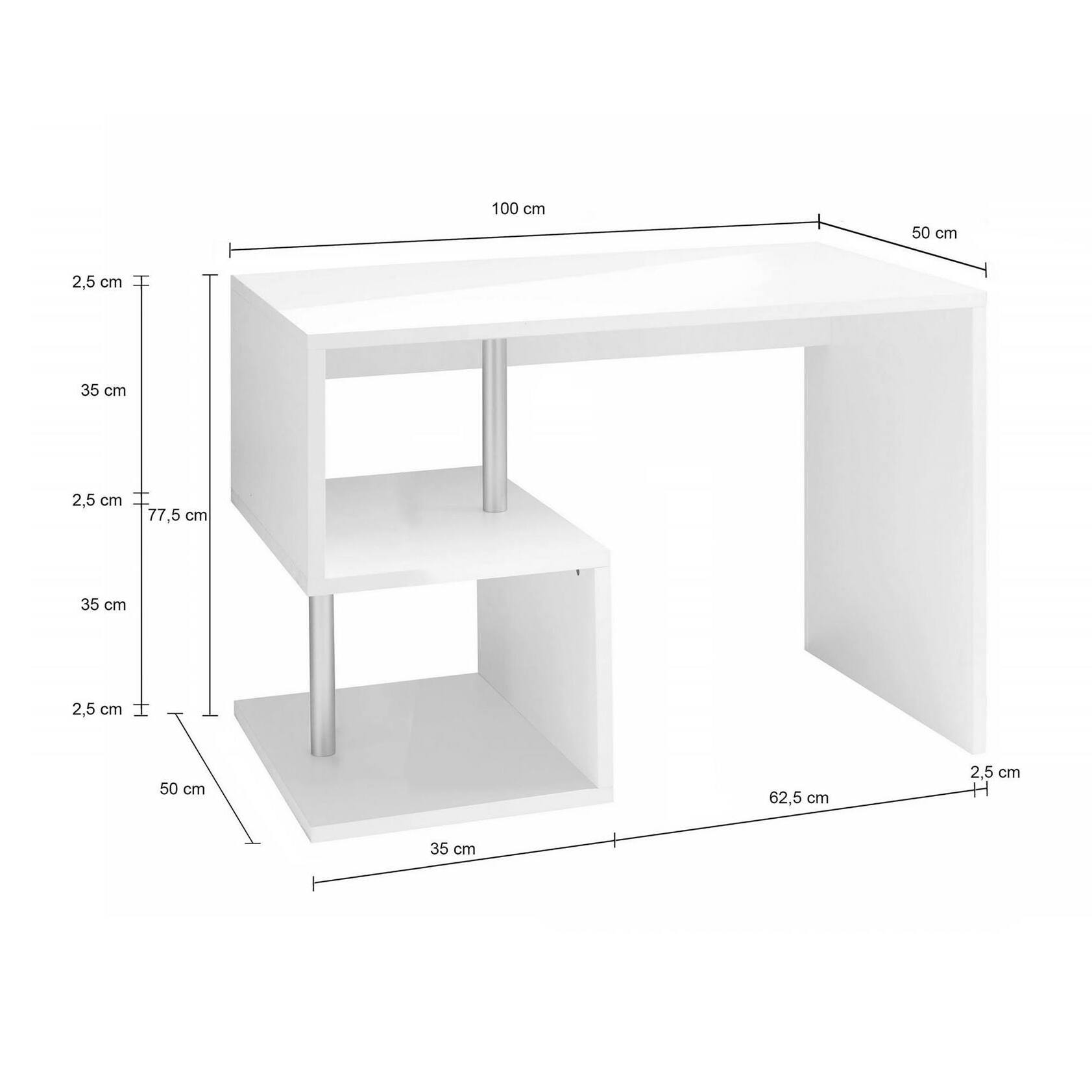 Scrivania moderna ad Esse per ufficio e studio con scaffale, Made in Italy, Tavolo da computer, Scrittoio porta PC, cm 100x50h78, colore Bianco lucido