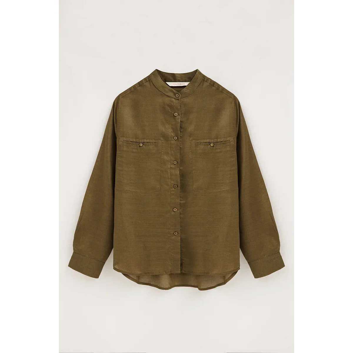 Camicia kaki scuro in ramie con collo alla coreana e fit ampio con ricamo Polo Club