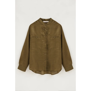 Camicia kaki scuro in ramie con collo alla coreana e fit ampio con ricamo Polo Club