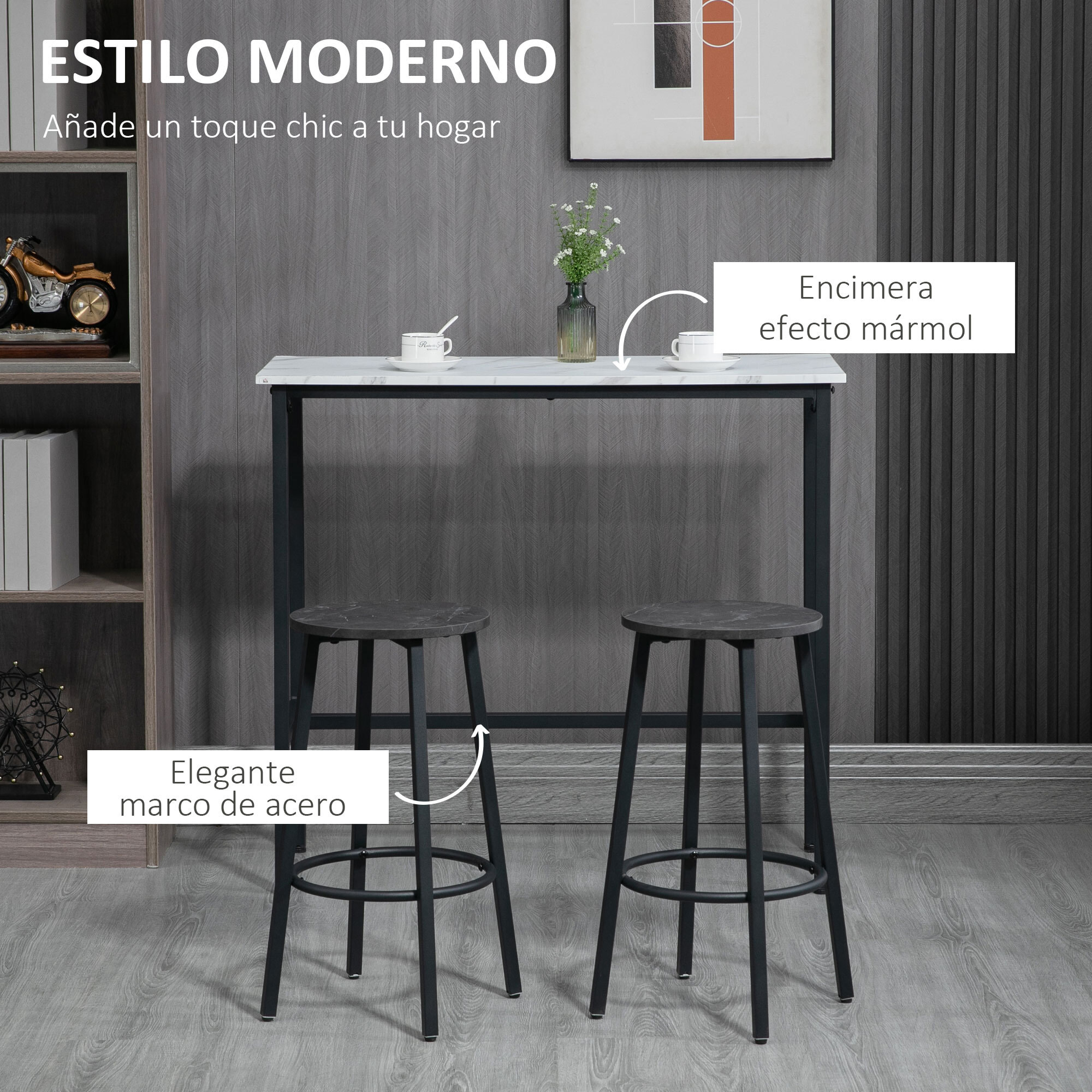 Juego de Mesa de Comedor Mesa Alta de Bar con 2 Taburetes Redondo 3 Piezas Marco de Acero Estilo Moderno para Cocina Salón Blanco y Negro