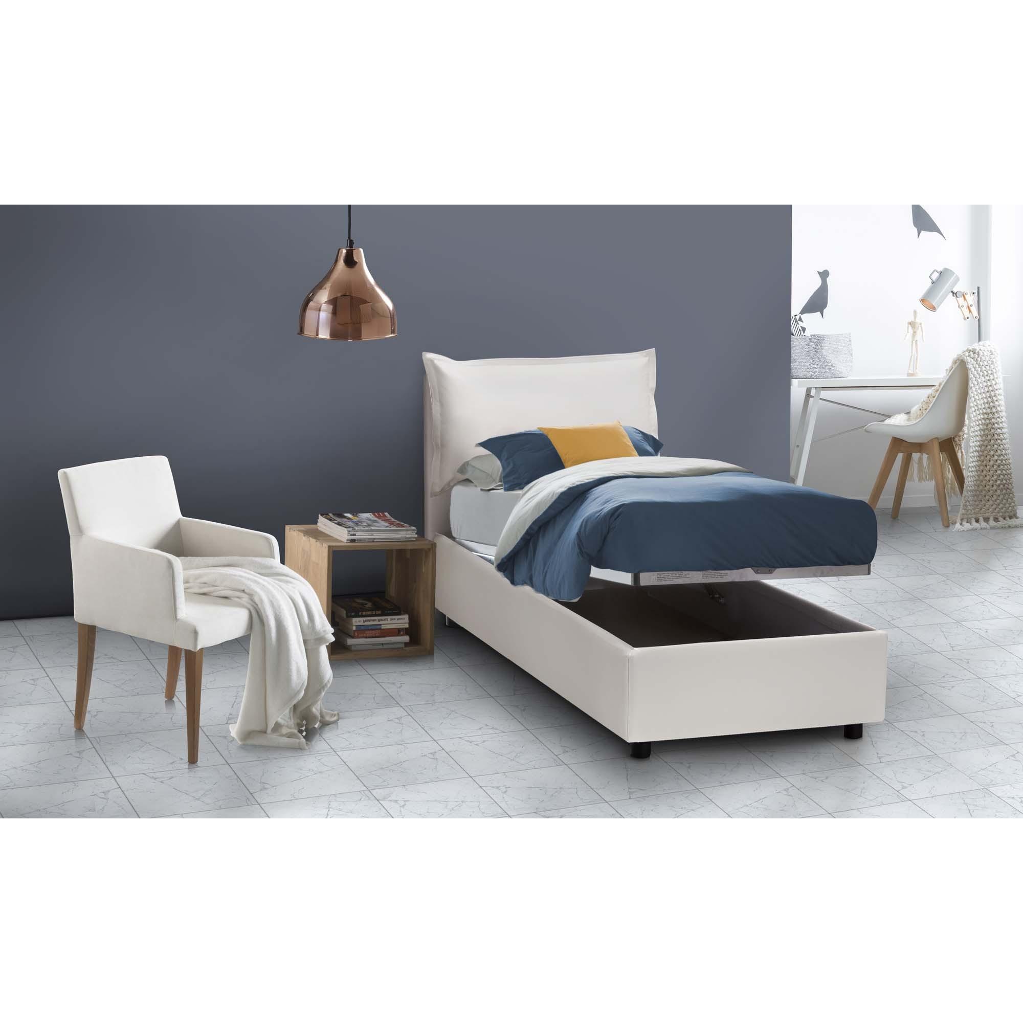 Letto singolo Carmen, Letto contenitore con rivestimento in ecopelle, 100% Made in Italy, Apertura frontale, con materasso Cm 90x190 incluso, Bianco