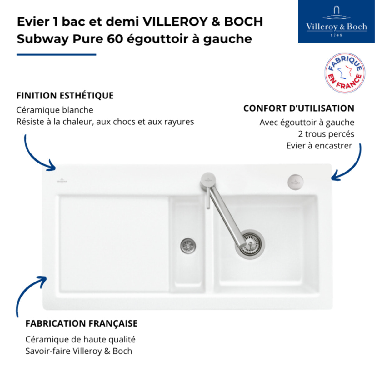Evier 1 bac et demi Subway Pure 60 100 x 51 égouttoir à gauche céramique sans vidage blanc