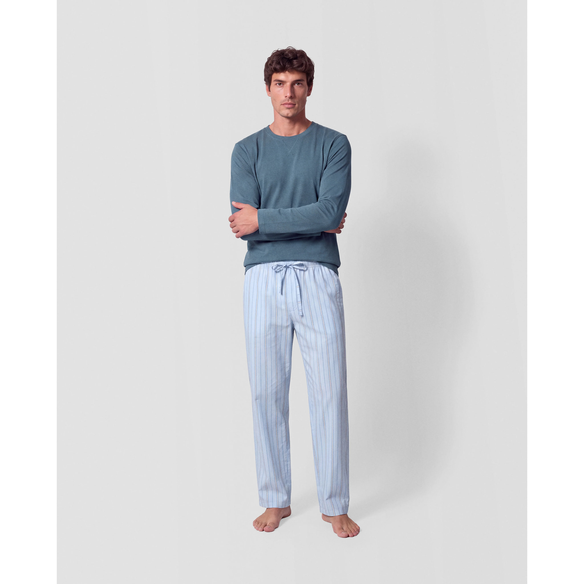 Pigiama lungo di cotone a righe romanus, blu navy