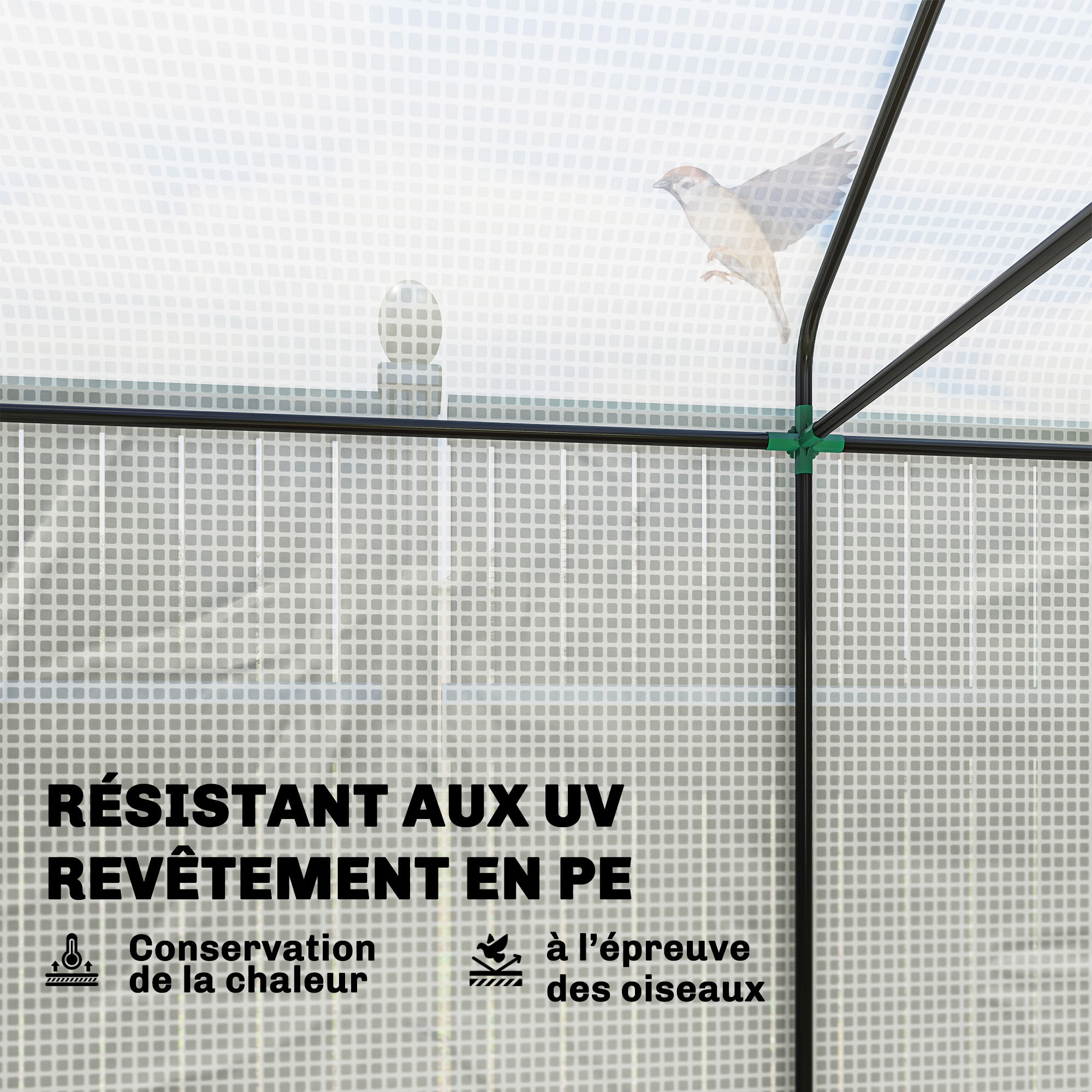 Serre de jardin 2,8 m² porte zippée 2 fenêtres acier PE blanc