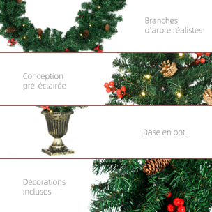 Lot de 4 pièces - décorations de Noël lumineuses LED - couronne, guirlande, 2 sapins avec pots et accessoires - vert