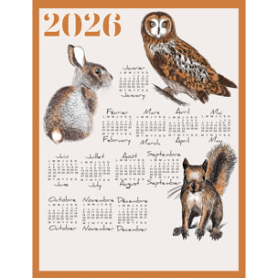 Torchon calendrier 2026 animaux du jardin coton - Marron Clair