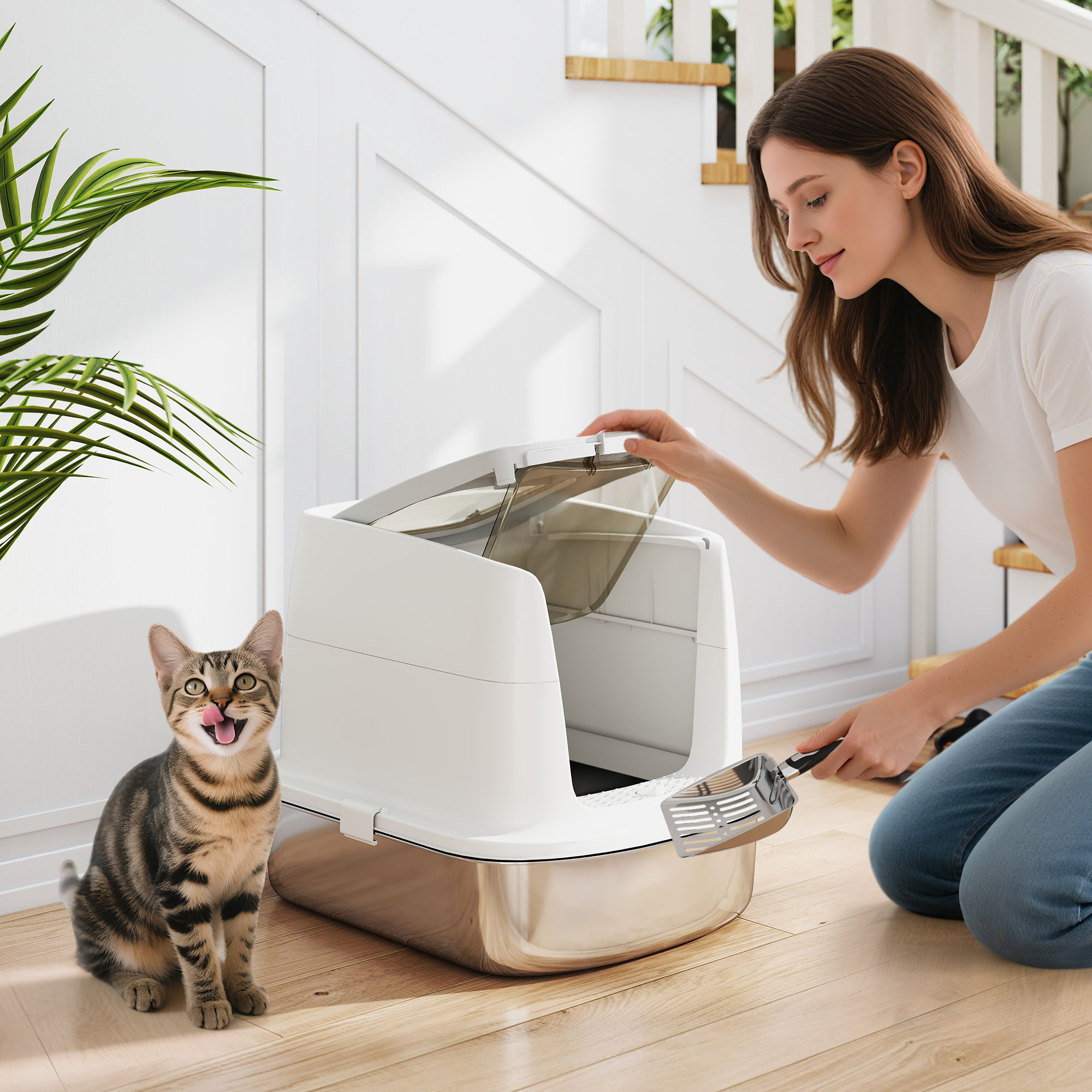 Arenero para Gatos de Acero Inoxidable L, Caja de Arena para Gatos con Tapa Abatible, Pala Metálica, Bolsa Desodorizante, Fácil de Limpiar, Antifugas, Blanco