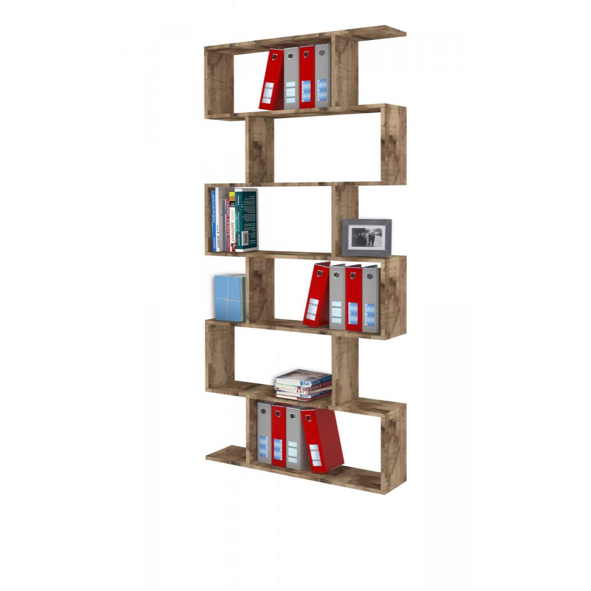 Libreria alta a zig zag a 6 scaffali aperti, Made in Italy, Scaffale per libri e documenti, Libreria da ufficio, cm 80x25h192, colore Acero