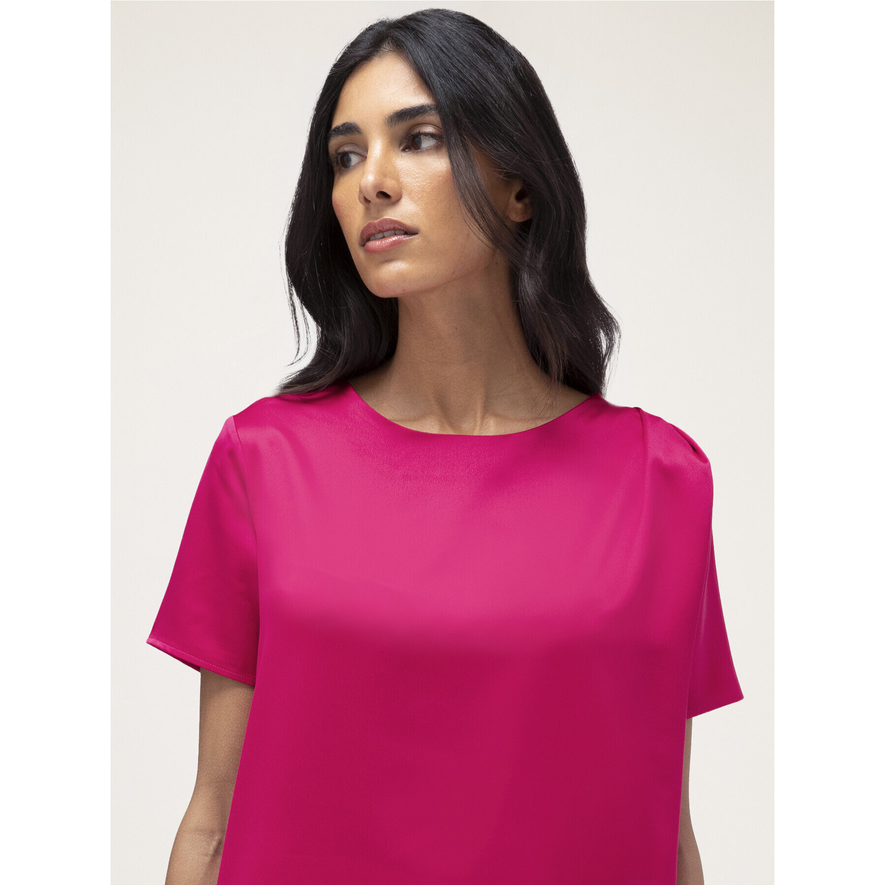 Motivi - Camiseta bimateria con pliegues - Fuchsia