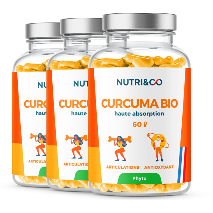 Curcuma Bio Breveté Haute Absorption pour Articulations - 60 gélules Vegan - Lot de 3