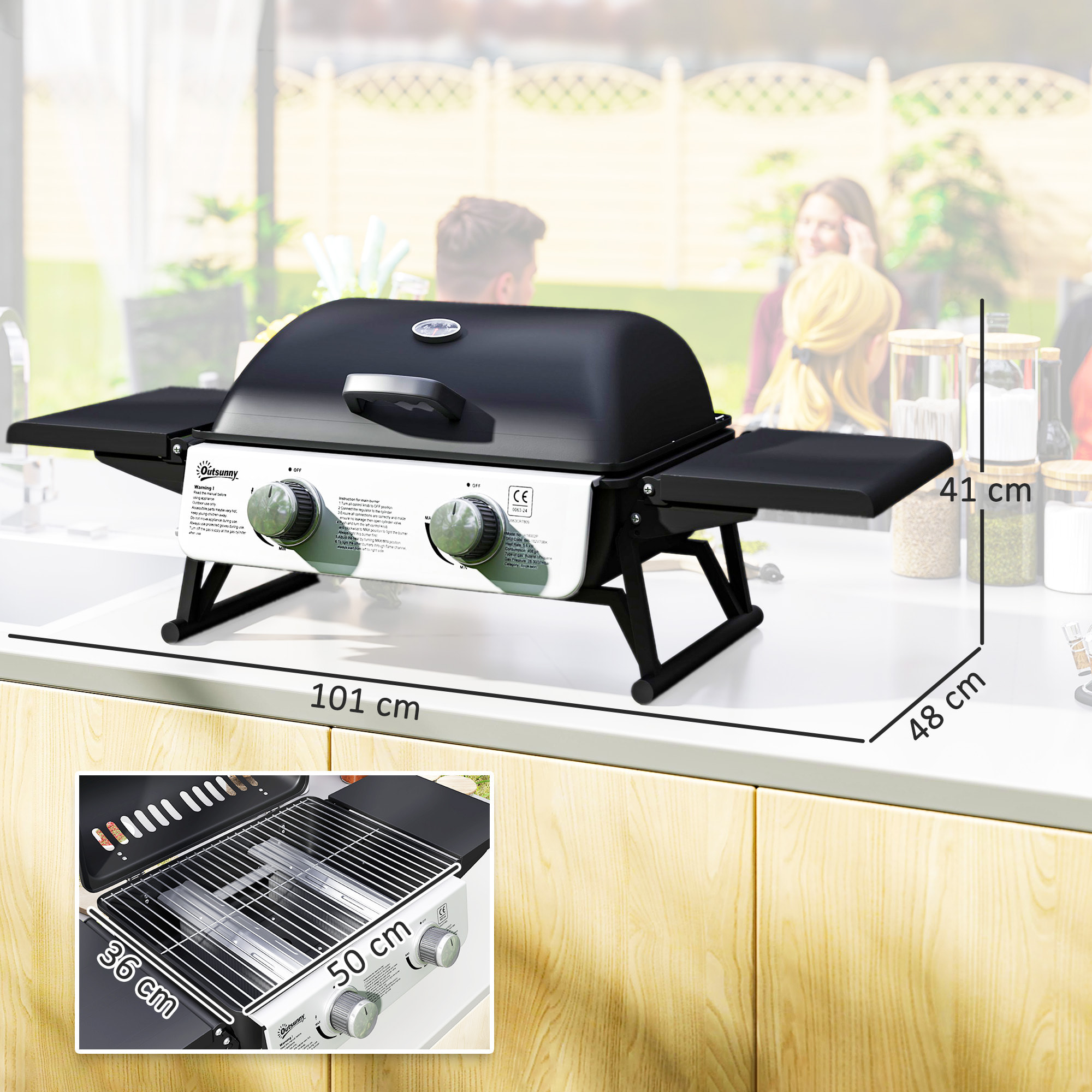 Barbacoa de Gas con 2 Quemadores de Acero Inoxidable 2,8 KW Barbacoa Portátil con Mesas Laterales Plegables Bandeja Extraíble y Termómetro para Pícnic Camping 101x48x41 cm Negro