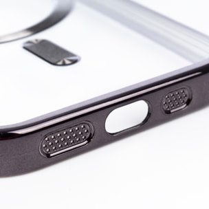 Custodia trasparente con fotocamera coperta, bordi neri, anti-shock e anti-impronte. Magsafe per iPhone 16 Pro.