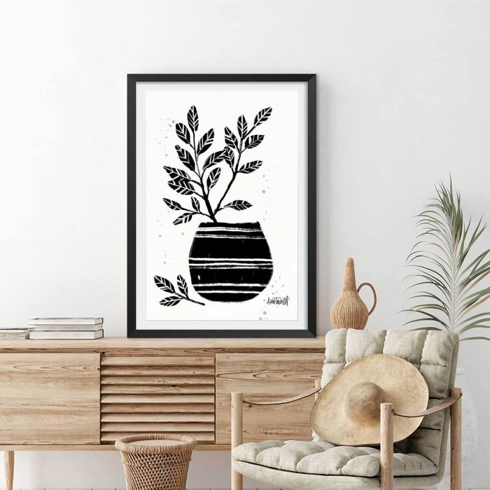 Illustration Poterie et botanique Affiche + cadre en bois - Noir
