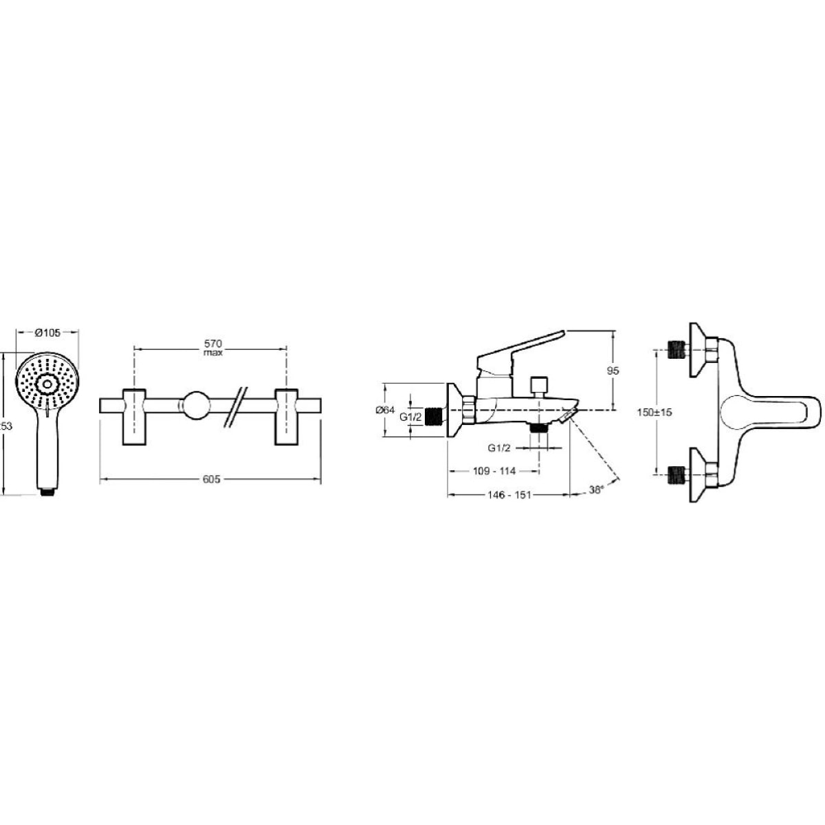 Pack pommeau douche 3 jets + mitigeur bain douche mural JACOB DELAFON Aimé noir + barre douche + flexible