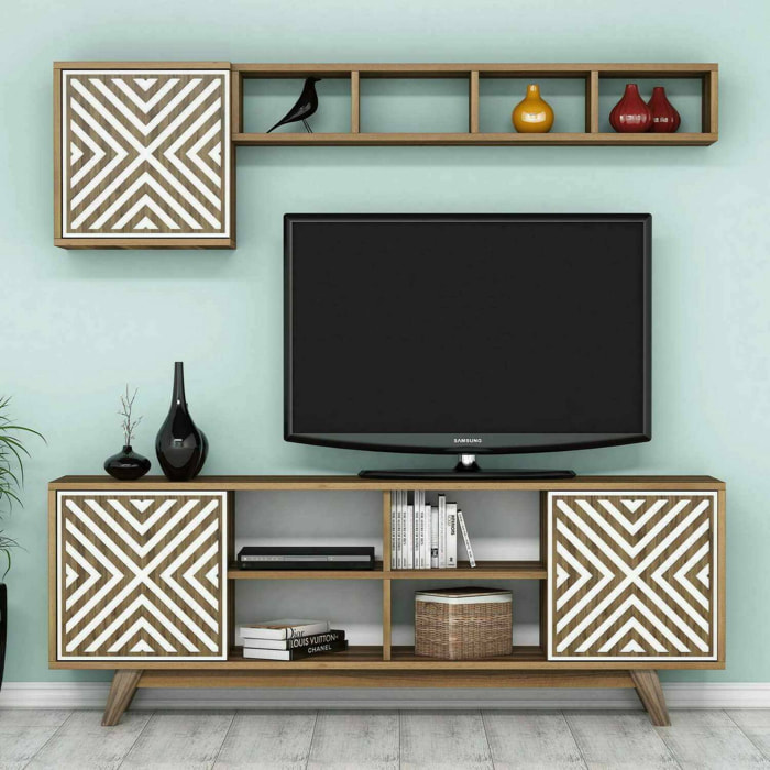 Mobile porta TV Drusilla, Credenza da soggiorno, Armadio basso per TV, Base parete attrezzata, 160x35h56 cm, Noce e Bianco