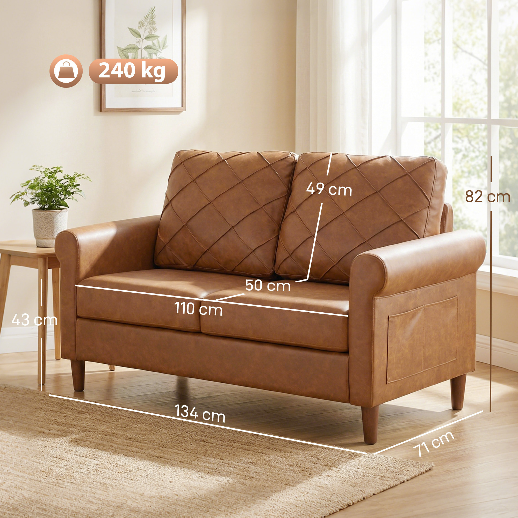 Sofá de 2 Plazas, Sofá Moderno, Tapizado en PU, Cojín Grueso, Respaldo con Costuras, Asiento Amplio, Patas de Madera Maciza para Salón, Dormitorio y Oficina, 134x71x82 cm, Marrón