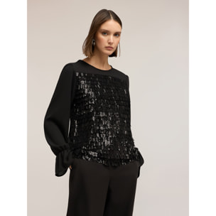 Motivi - Blusa en georgette y bordado de lentejuelas - Negro