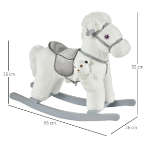 Caballito Balancín con Felpa con Osito de Peluche para Niños 18-36 Meses Caballo Mecedora Sonidos de Relincho y Galope Base de Madera Asiento 35 cm Carga 30 kg 65x26x55 cm Blanco