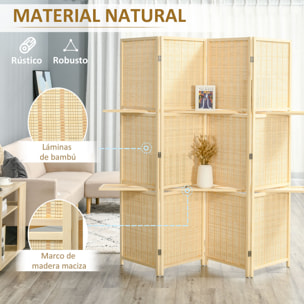 Biombo de 4 Piezas de Bambú Biombo Separador de Ambientes Plegable con 2 Estantes Extraíbles Divisor de Habitaciones Dormitorio 180x180 cm Natural