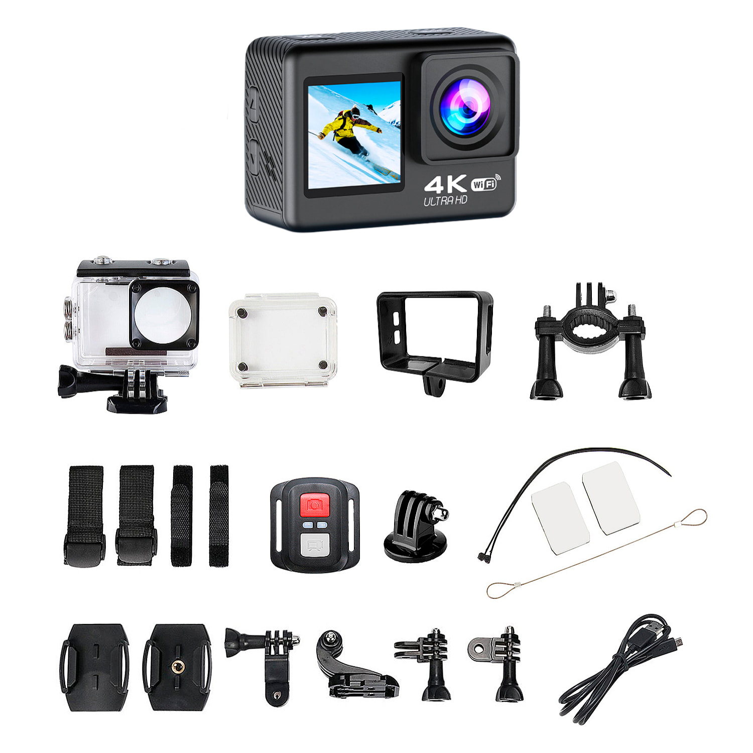 Cámara Deportiva AT-S60 TR 4k 60fps con 24 mpx, doble pantalla de 2" y 1.3" estabilizador de imagen, multitud de accesorios y WIFI.