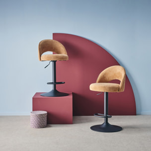 Lot de deux tabourets de bar ajustables métal et tissu camel. pied noir - L 49 x P 49 x H 88.5-110cm - Abby