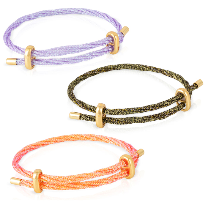 Pack de 3 pulseras multihebra entrelazada de hilo de nylon naranja, verde y lila con cierre cruzado de cobre dorado.
