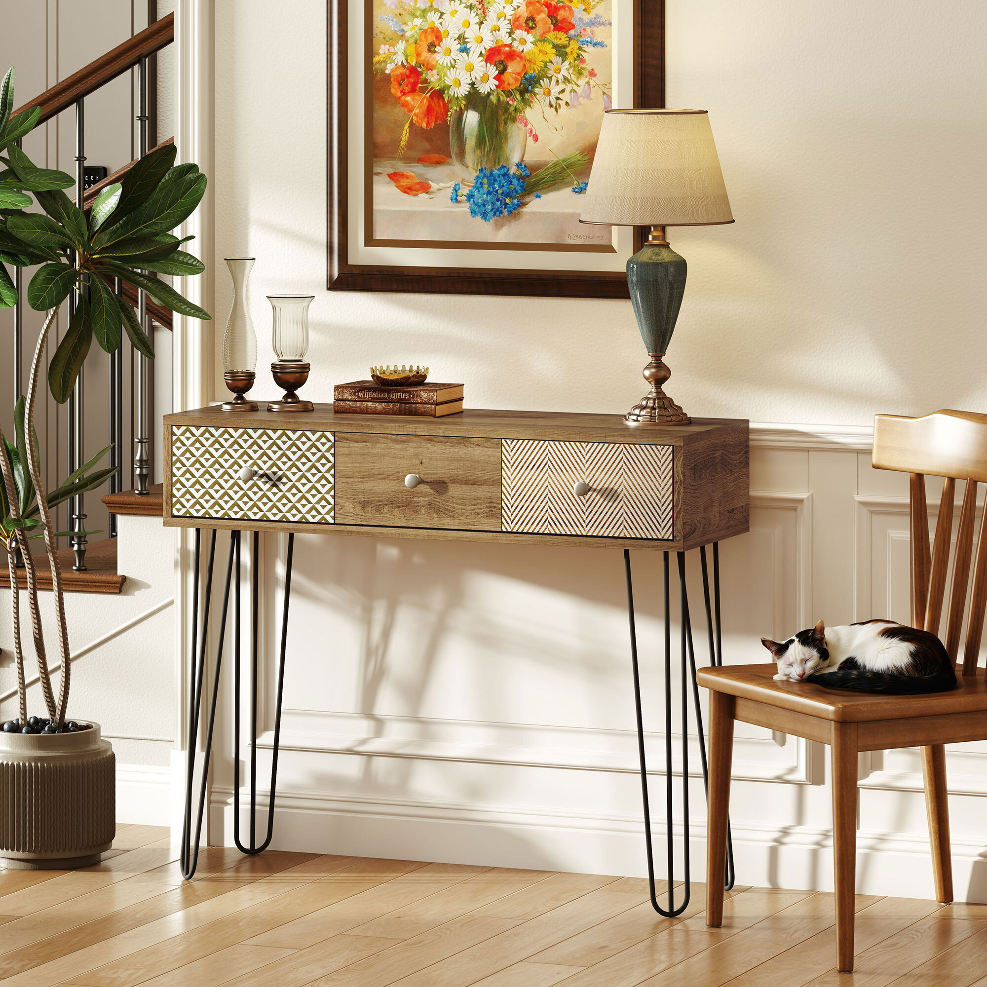 Mesa de Consola, Mesa de Sofá con 3 Cajones, Consola para Recibidor Estrecha con Patas de Acero Tipo Horquilla, para Salón, Pasillo, Entrada, Natural