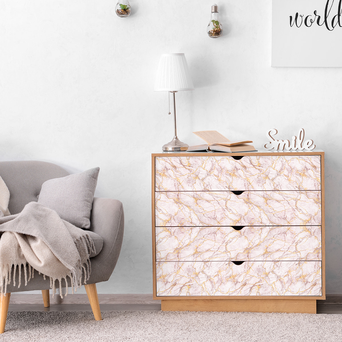 Sticker meuble marbre rose et doré 60 x 90 cm