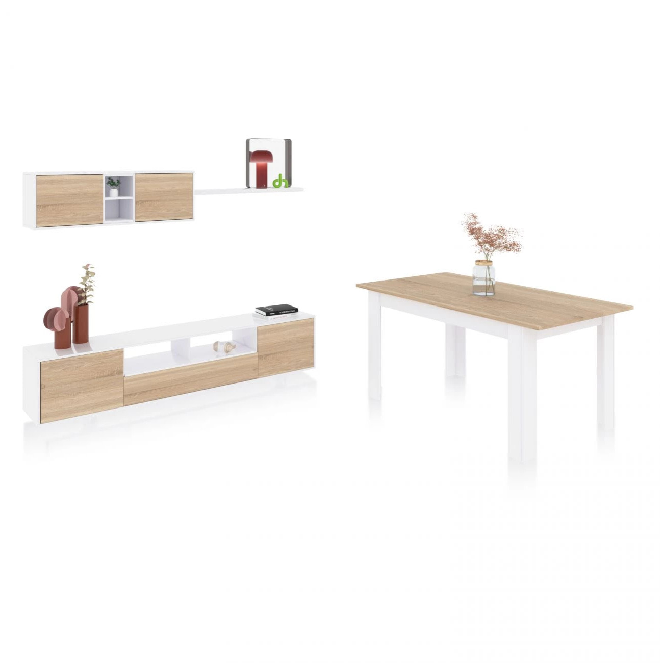 Pack salón con mesa de comedor Kenzo Plus VA Blanco Artik (Blanco Mate) - Roble Canadian