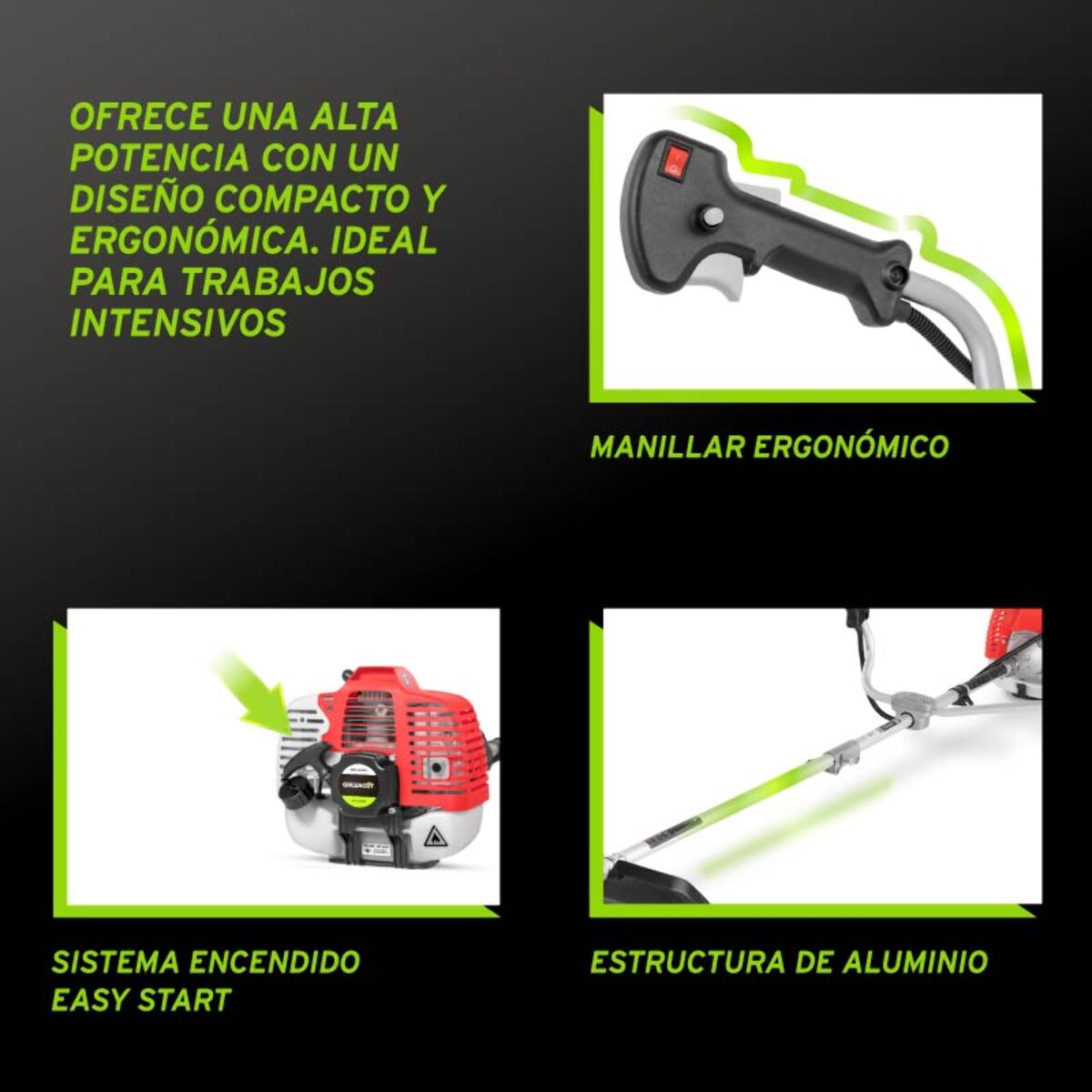 Desbrozadora de gasolina motor de 2 tiempos de 65cc y 4.9cv Greencut GGT650X-2