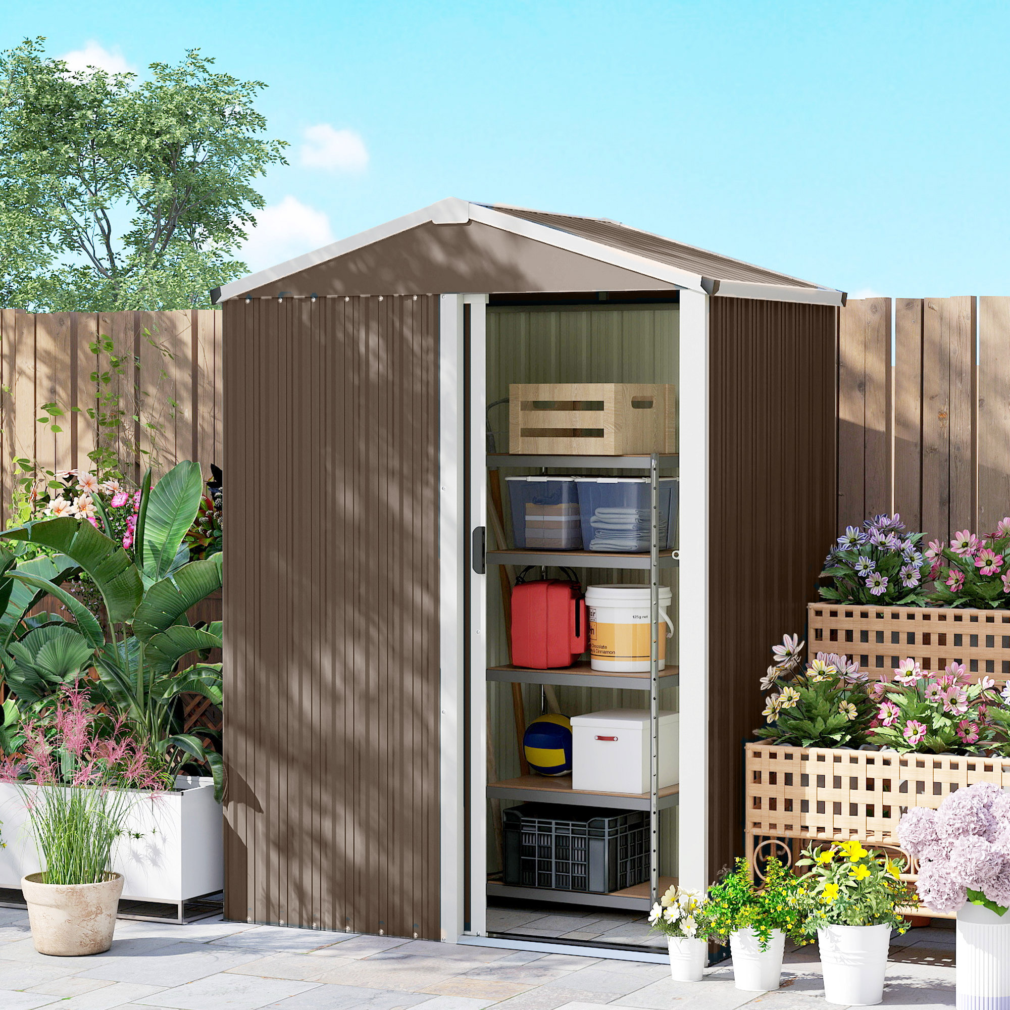 Outsunny Caseta de Jardín Exterior 1,1 m², 136x87x176 cm, Cobertizo de Jardín Exterior Metálico con Puerta Corredera, Techo Inclinado y Guantes, para Almacenaje de Herramientas, Marrón
