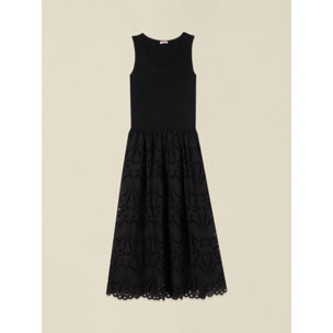 Oltre - Vestido largo con falda de bordado inglés - Negro
