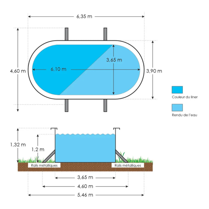 Piscine hors sol acier ovale 6,10 x 3,65 x 1,32 m blanche SAPHIR