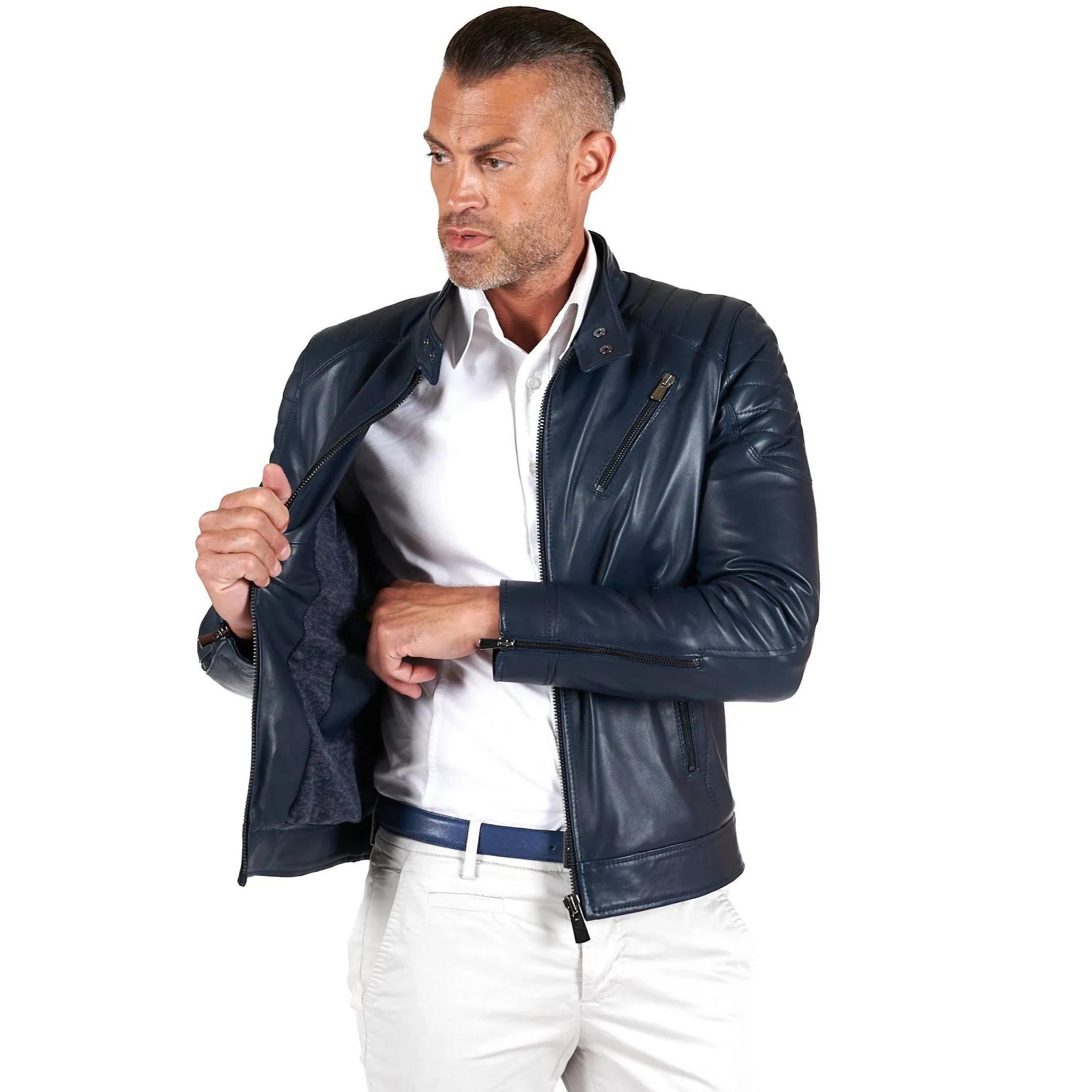 Giacca moto in pelle blu biker trapuntato spalle effetto liscio