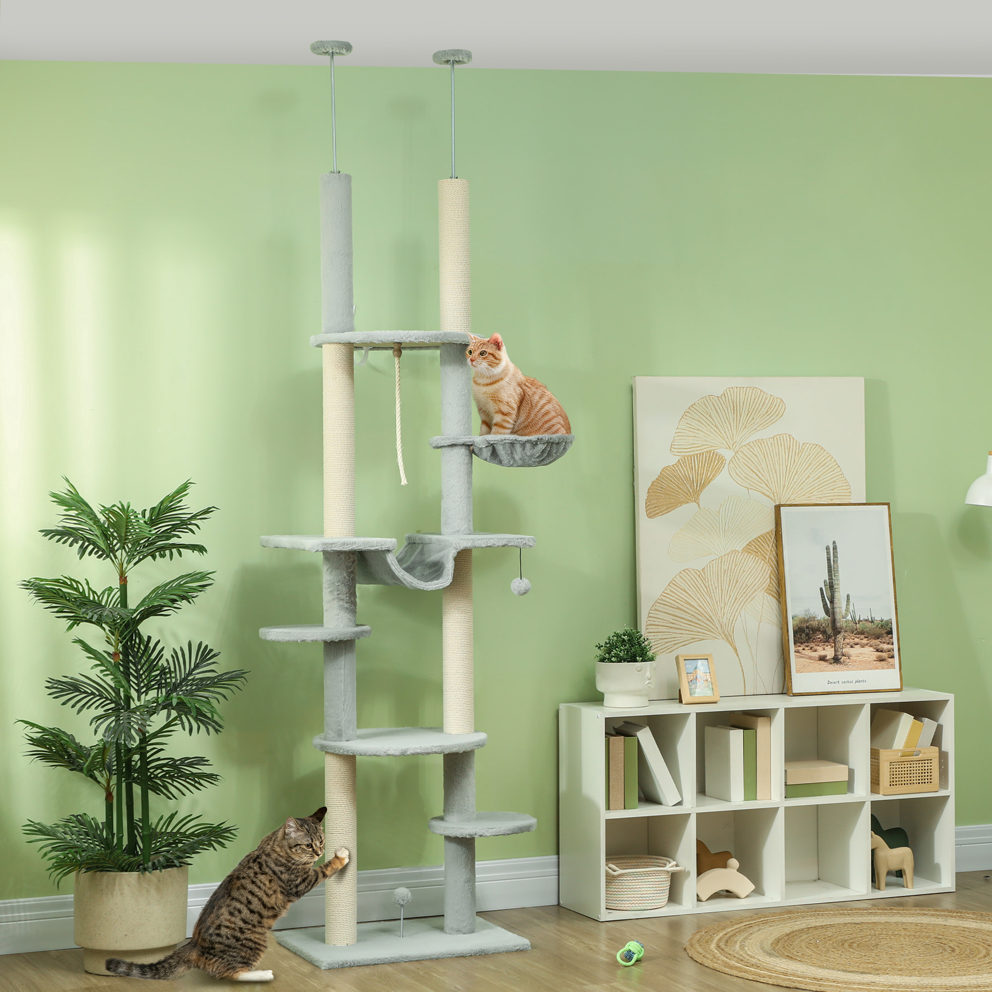 Árbol para Gatos de Suelo a Techo 225-255 cm Árbol Rascador para Gatos de 7 Niveles Torre para Gatos con Hamacas Plataformas Juguete de Cuerda Bola de Juguete Gris