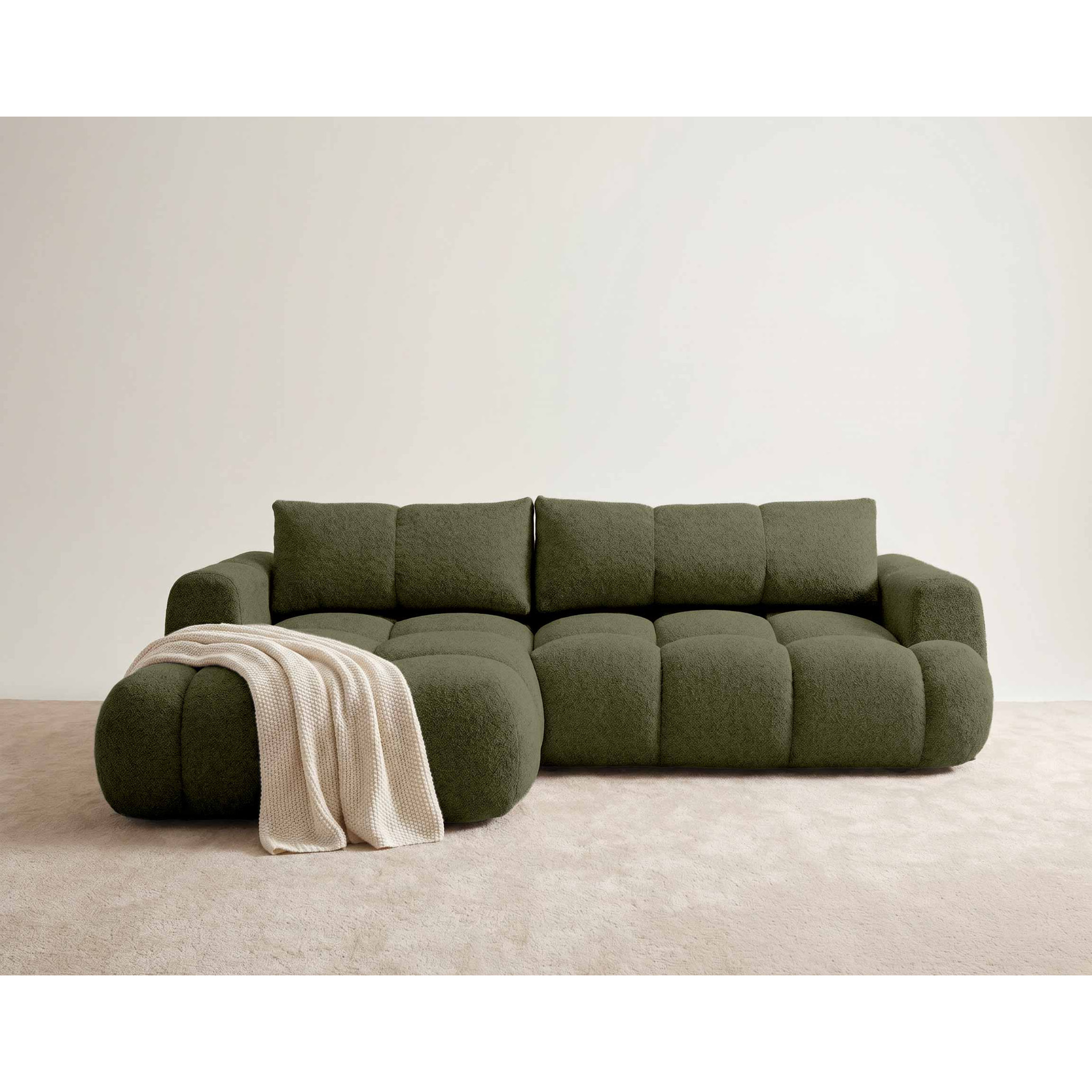 Yulin - Canapé d'angle gauche 4 places convertible avec coffre en tissu bouclette - Vert